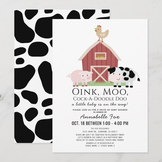 Invitation Animaux de ferme Barnyard White Drive-by Baby show (Devant / Derrière)