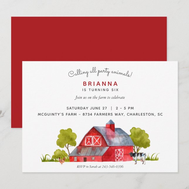 Invitation Animaux de ferme Célébration d'anniversaire horizo (Devant / Derrière)