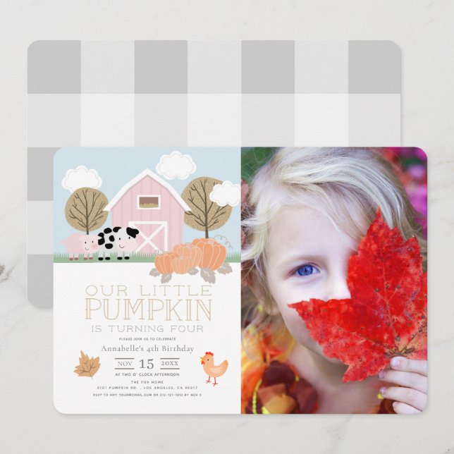 Invitation Animaux de ferme Citrouille Patch Anniversaire Pho (Devant / Derrière)