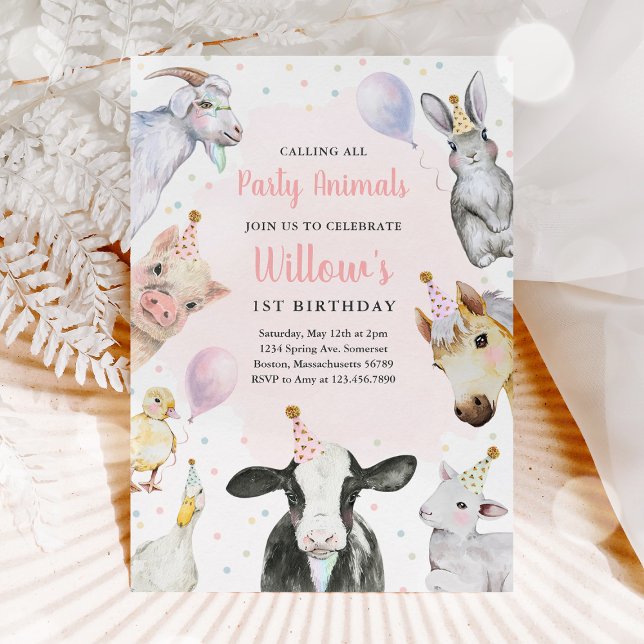 Invitation Animaux de ferme Fille rose Barnyard fête d'annive (Créateur téléchargé)