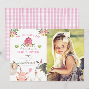 Invitation Animaux de ferme Fille rose En vichy Barnyard Anni