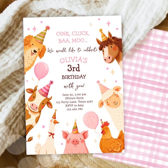Invitation Animaux de ferme Fille rose En vichy Barnyard Anni (Créateur téléchargé)