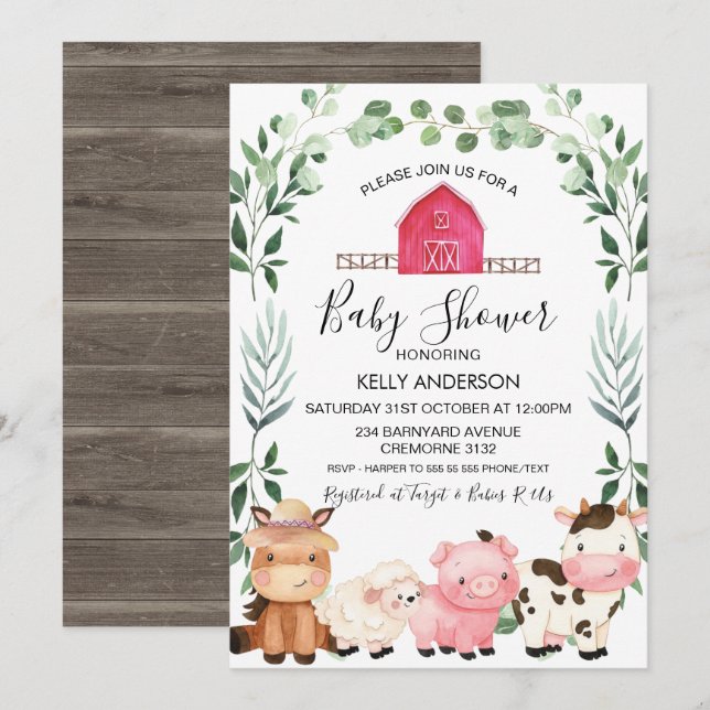 Invitation Animaux de ferme Foliage Wreath Baby shower Invita (Devant / Derrière)