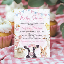Animaux de ferme Pink Barnyard Baby shower Invitat
