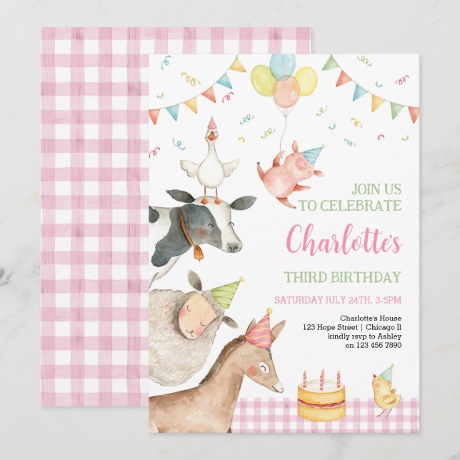 Invitation Animaux de ferme Pink Barnyard Girl 3e anniversair (Devant / Derrière)