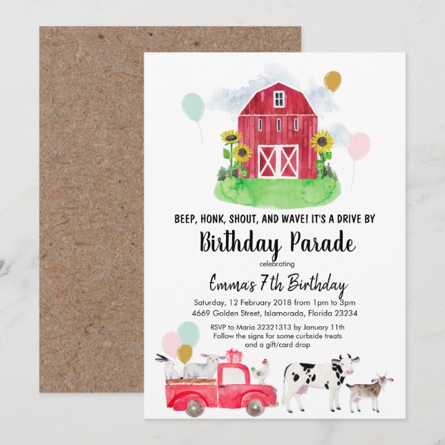 Invitation Animaux de ferme Promenade par Anniversaire Parade (Devant / Derrière)