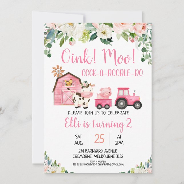 Invitation Animaux De Ferme Rose Et Grange (Devant)