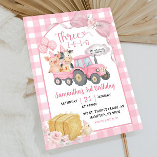 Invitation Animaux de Ferme Roses Trois-i-e-i-o 3ème Annivers