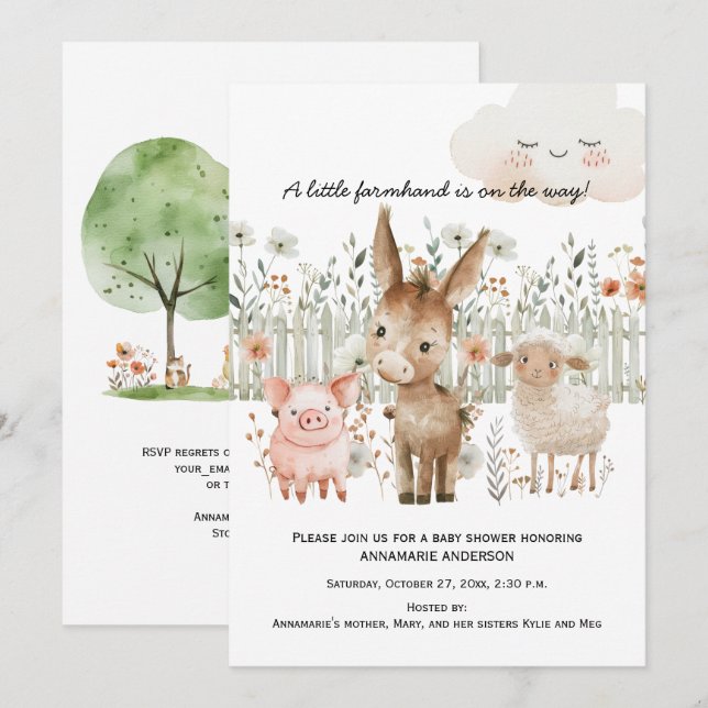 Invitation Animaux de ferme Scène agricole Baby shower neutre (Devant / Derrière)