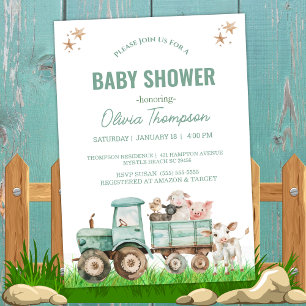 Invitation Animaux de ferme Tracteur Baby shower neutre pour 