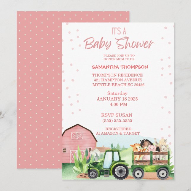 Invitation Animaux de ferme Tracteur vert Baby shower rose (Devant / Derrière)