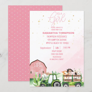 Invitation Animaux de ferme Tracteur vert Baby shower rose