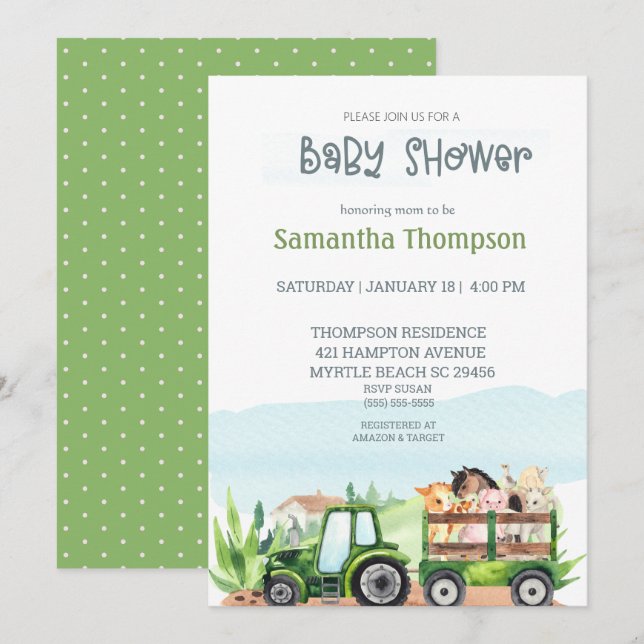 Invitation Animaux de ferme Tracteur vert Garçons Baby shower (Devant / Derrière)