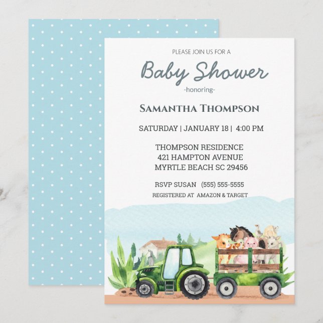 Invitation Animaux de ferme Tracteur vert Garçons Baby shower (Devant / Derrière)
