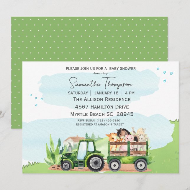 Invitation Animaux de ferme Tracteur vert Garçons Baby shower (Devant / Derrière)