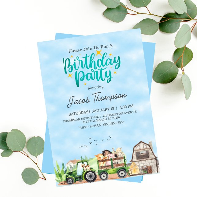 Invitation Animaux de ferme Tracteur vert Garçons fête d'anni (Créateur téléchargé)