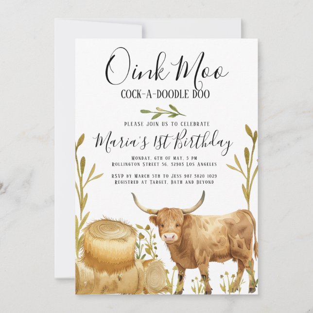 Invitation Animaux de ferme Vache de foin Pays Anniversaire (Devant)