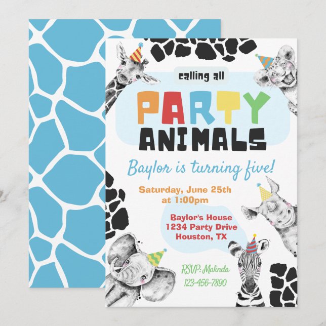 Invitation Animaux de fête | Animaux de fête Anniv (Devant / Derrière)