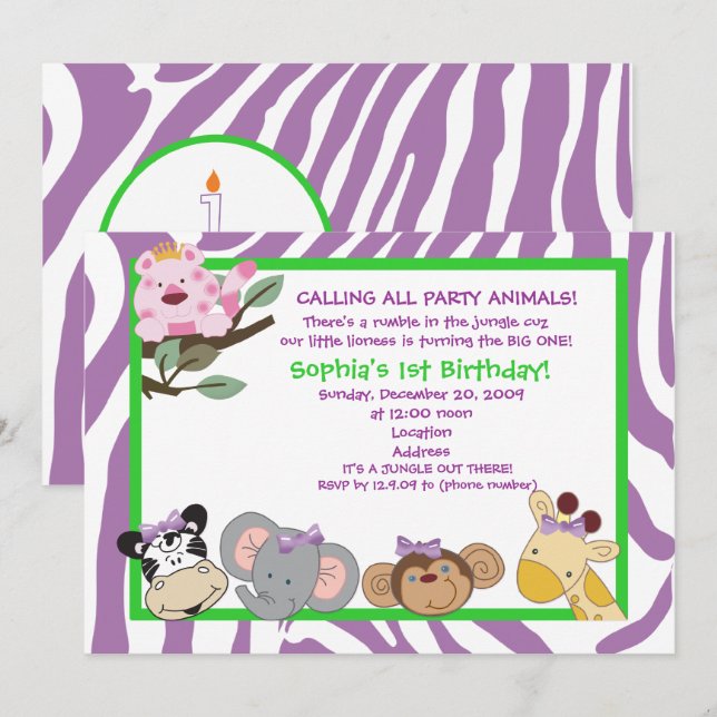 Invitation ANIMAUX DE FÊTE Bébé 1er Anniversaire Jungle 5x7 (Devant / Derrière)