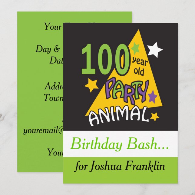Invitation Animaux de fête centenaires - 100e anniversaire (Devant / Derrière)