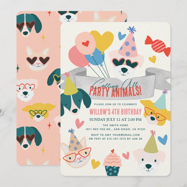 Invitation Animaux de fête Chiens et ballons de chat Annivers (Devant / Derrière)