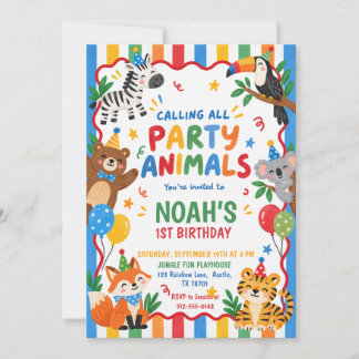 Invitation Animaux de fête colorés 1er anniversaire