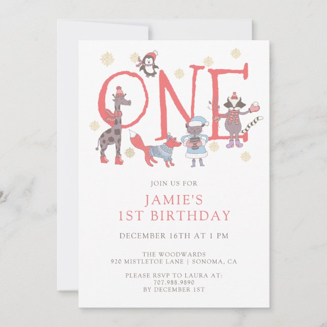 Invitation Animaux de fête d'hiver 1er anniversaire (Devant)