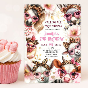 Invitation Animaux de fête Fille rose Barnyard Ferme Annivers