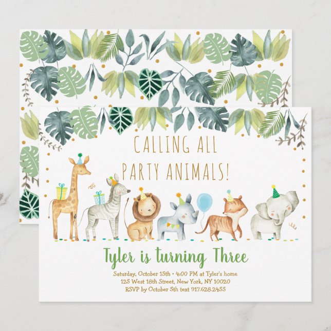 Invitation Animaux de fête Garçon Safari Anniversaire (Devant / Derrière)