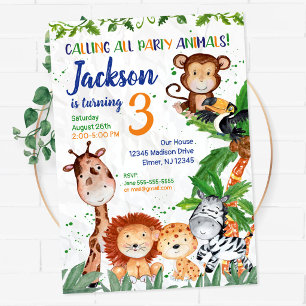 Invitation Animaux de Fête Jeune Safari Zoo Fête Anniversaire