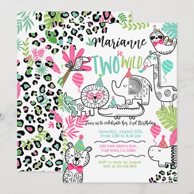 Invitation Animaux de fête, Jungle Safari 2e anniversaire (Devant / Derrière)