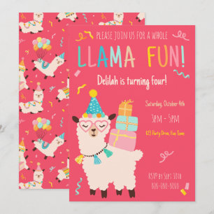 Invitation Animaux de Fête Lama Anniversaire Filles Rose