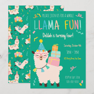 Invitation Animaux de fête Llama Anniversaire Filles Vert