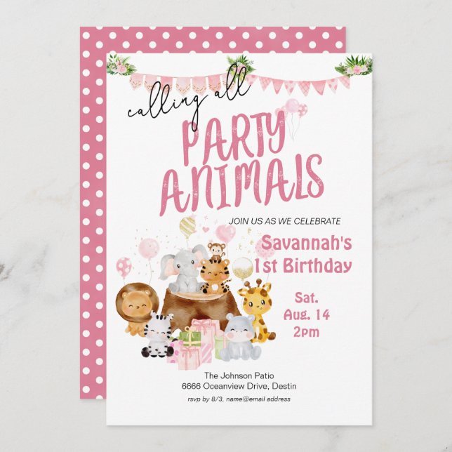 Invitation Animaux de fête rose Anniversaire (Devant / Derrière)