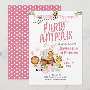 Invitation Animaux de fête rose Anniversaire