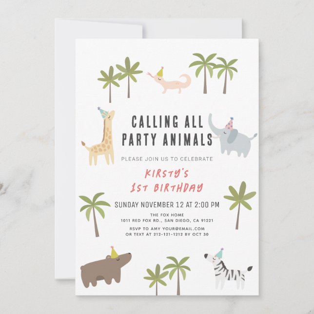 Invitation Animaux de fête Safari 1er anniversaire (Devant)