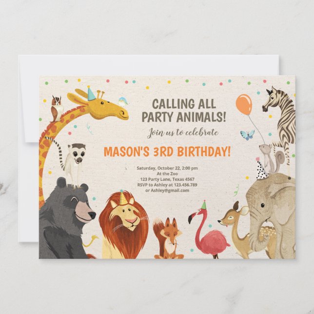 Invitation Animaux de fête Safari Fille Garçon Animaux Annive (Devant)