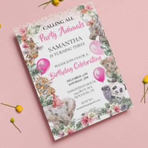 Invitation Animaux de Fête Safari Jungle Fille Rose Anniversa
