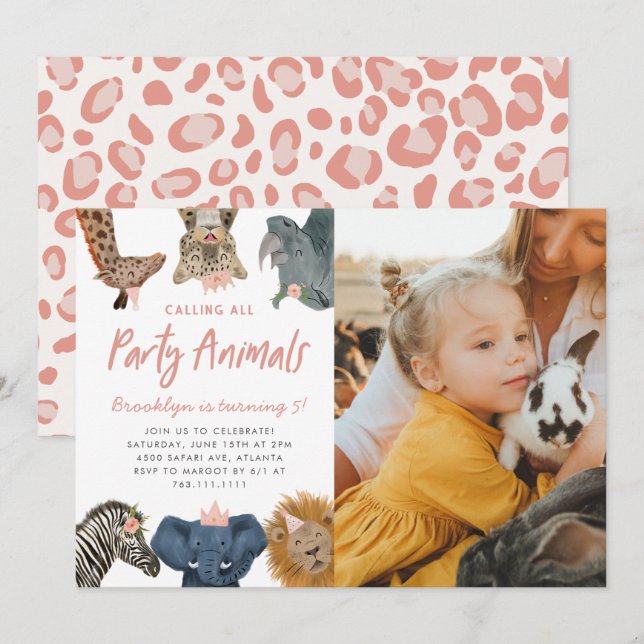 Invitation Animaux de fête Safari rose photo d'anniversaire (Devant / Derrière)