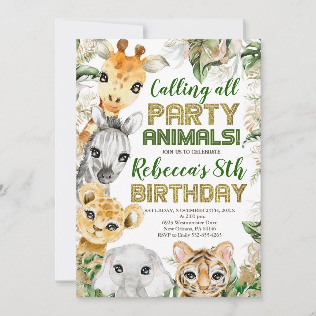 Invitation Animaux de fête sauvages Anniversaire, N'Importe Q (Devant)