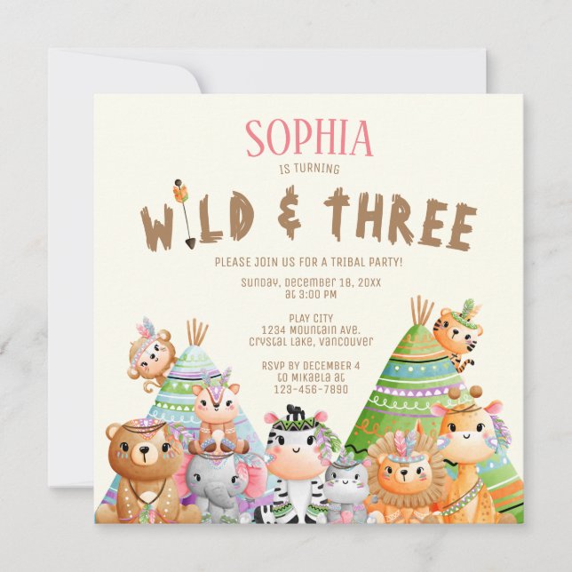 Invitation Animaux de forêt tribaux sauvages trois 3e anniver (Devant)