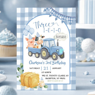 Invitation Animaux de la ferme bleus Trois-i-e-i-o 3e anniver