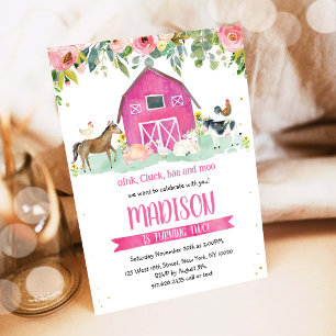 Invitation Animaux de la ferme Coin Baa Moo Fille Rose 1er An