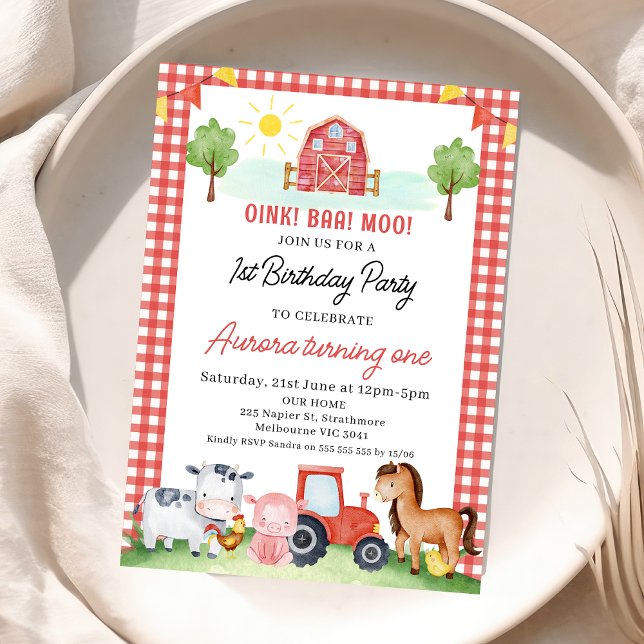 Invitation Animaux de la ferme Red Plaid (Girls Red Farm Birthday Birthday Invitation, Barnyard Animals, Farm Birthday Invite, Red Tractor)