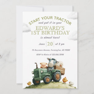 Invitation Animaux de la ferme Tracteur vert Anniversaire 