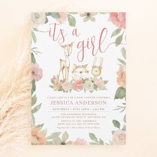 Invitation Animaux de la forêt Fleurs rustiques Fille Baby Sh