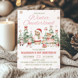 Invitation Animaux de la Forêt Rose Hiver Onederland Annivers