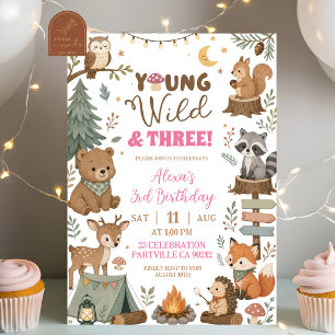 Invitation Animaux de la forêt rose Jeune Sauvage et Trois An