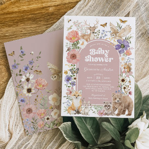 Invitation Animaux de la forêt rose pour Baby Shower fille