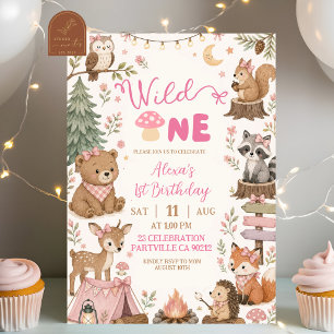 Invitation Animaux de la forêt rose Wild One Fille Anniversai